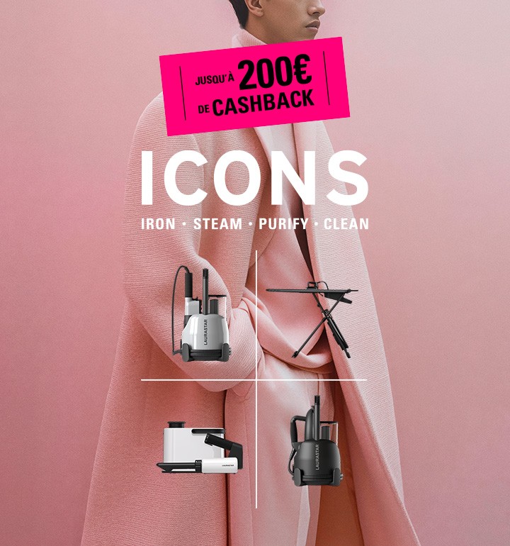 Personne vêtue d'un manteau rose, avec un texte faisant la promotion des appareils de nettoyage à la vapeur LAURASTAR, ainsi qu'une offre de remboursement pouvant aller jusqu'à 200 €, valable jusqu'en 2026.