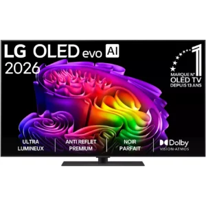 Le téléviseur LG OLED55G66 2026 se distingue par un design abstrait aux couleurs vives et des icônes intuitives à l'écran, mettant en valeur la technologie de pointe qui offre une expérience visuelle exceptionnelle.