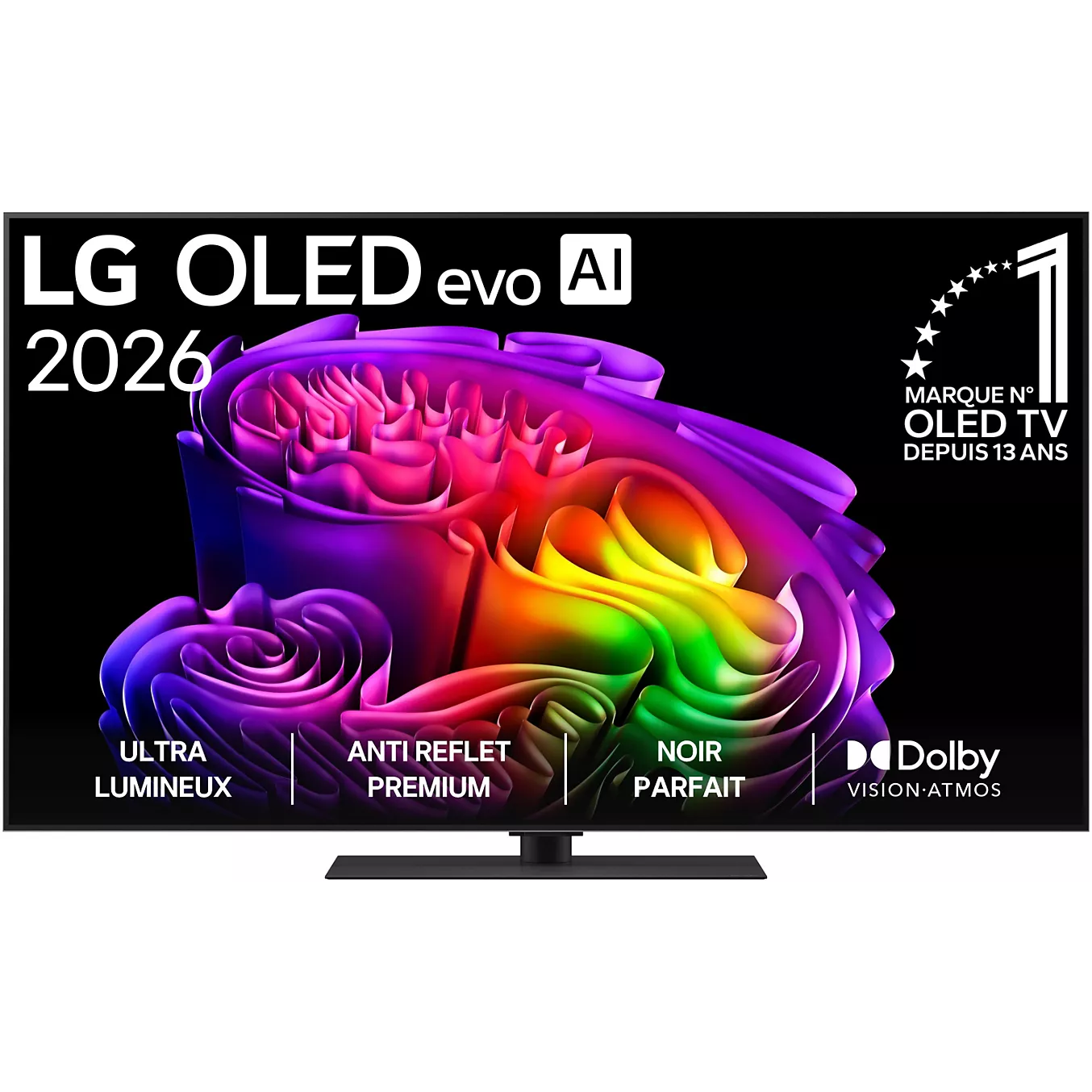 Le téléviseur LG OLED55G66 2026 se distingue par un design abstrait aux couleurs vives et des icônes intuitives à l'écran, mettant en valeur la technologie de pointe qui offre une expérience visuelle exceptionnelle.