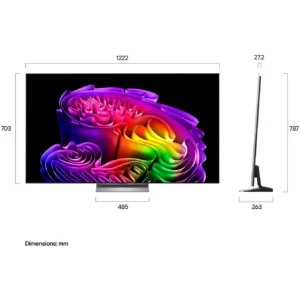 Le téléviseur OLED à écran plat LG OLED55G66 2026 affiche des œuvres d'art abstrait aux couleurs vives ; il est représenté de face et de profil, ses dimensions étant indiquées en millimètres.