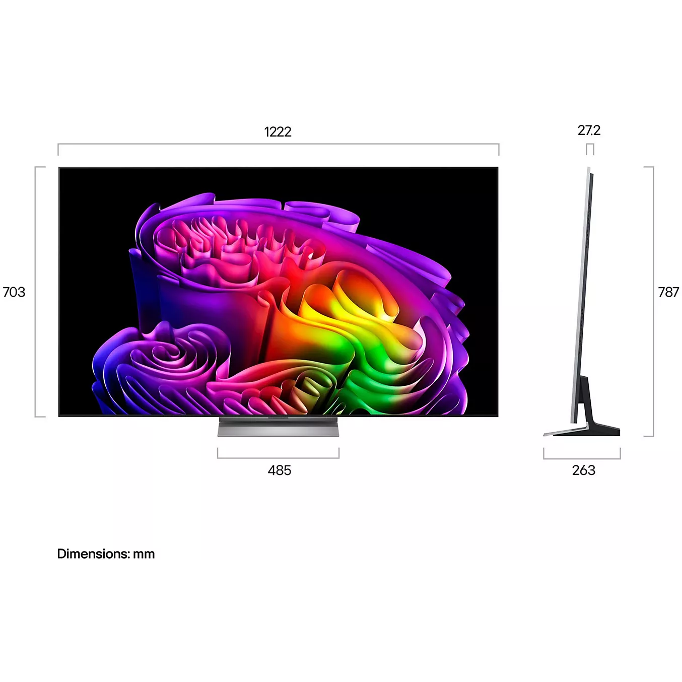Le téléviseur OLED à écran plat LG OLED55G66 2026 affiche des œuvres d'art abstrait aux couleurs vives ; il est représenté de face et de profil, ses dimensions étant indiquées en millimètres.