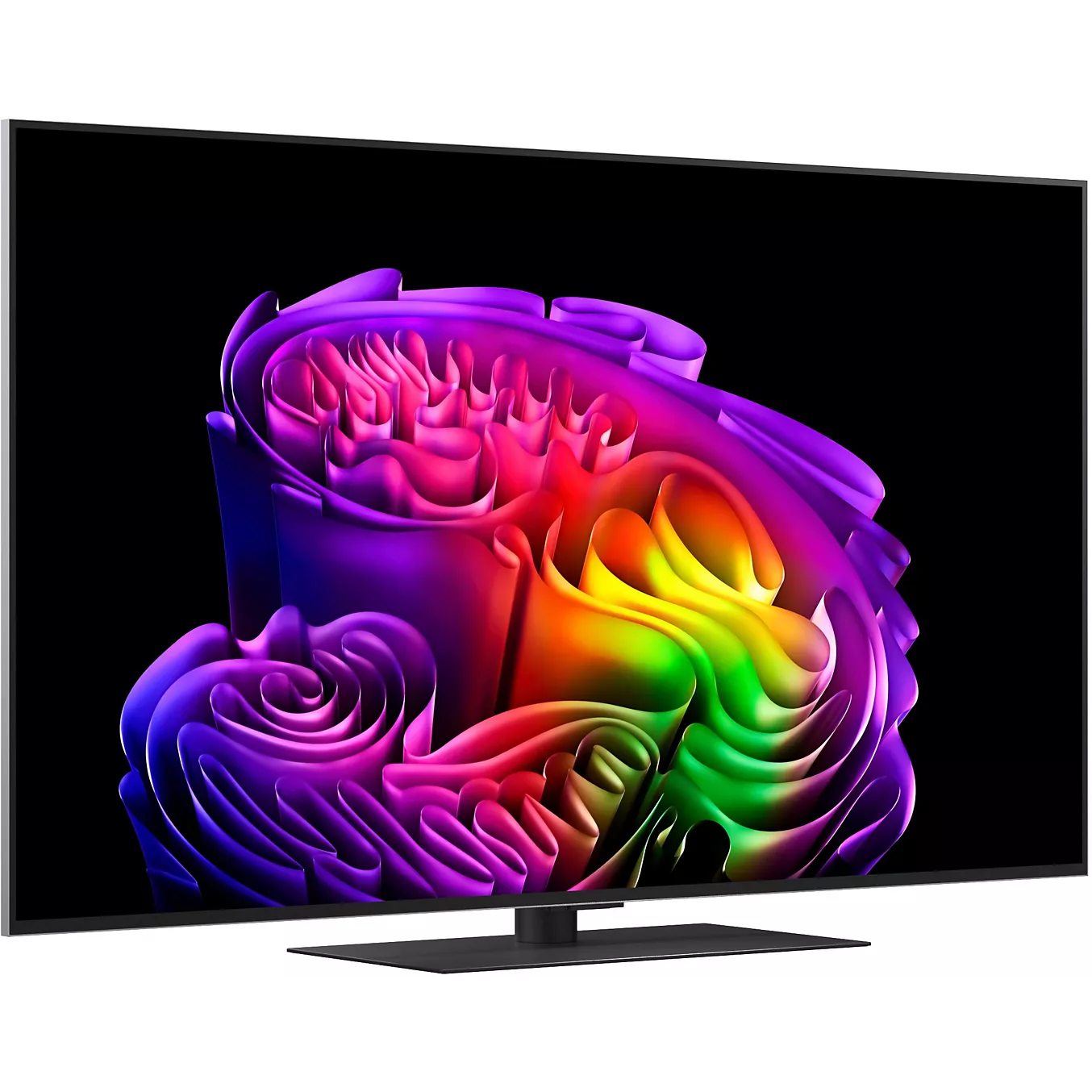 Le téléviseur LG OLED55G66 2026 affiche un motif abstrait, coloré et éclatant sur fond noir, mettant en valeur la qualité d'image exceptionnelle que vous pouvez attendre de ce modèle OLED LG de pointe.