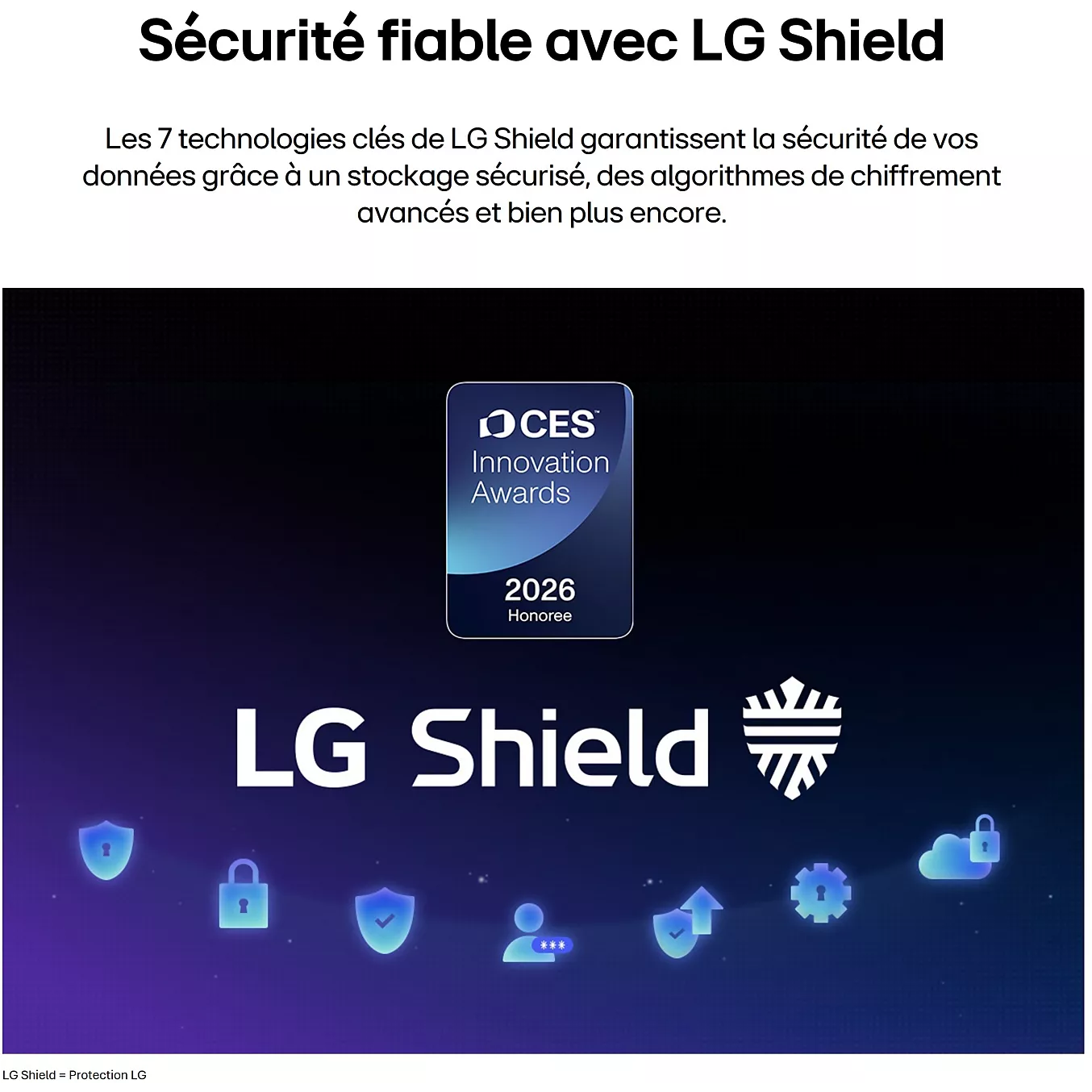 Logo LG Shield accompagné d’icônes de sécurité et d’un insigne « CES 2026 Award » sur fond sombre, mettant en avant les fonctionnalités de protection des données de la dernière gamme de téléviseurs OLED de LG, dont le modèle haut de gamme LG OLED55G66 2026.
