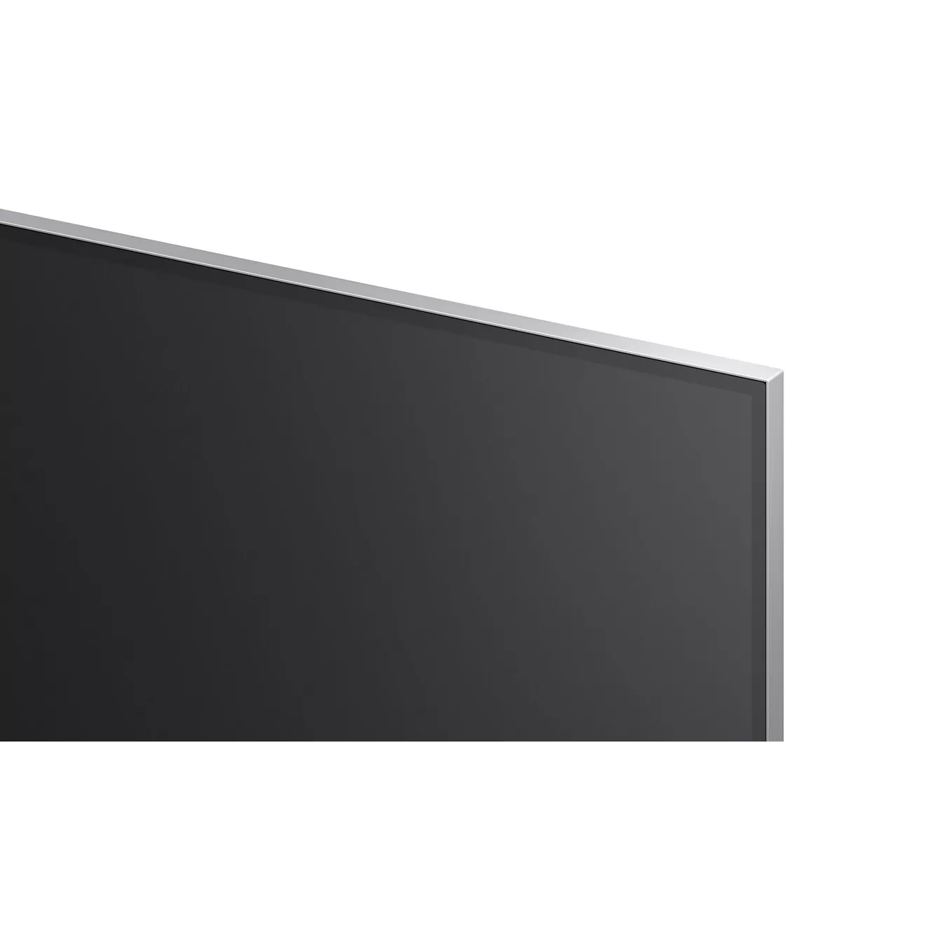 Gros plan sur le coin supérieur du LG OLED55G66 2026, mettant en valeur son cadre argenté fin sur fond blanc.