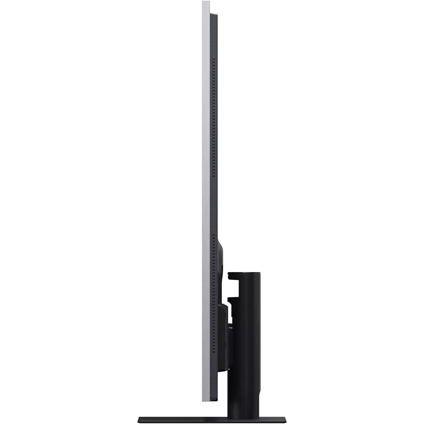 Vue de profil du LG OLED55G66 2026, un téléviseur OLED fin doté d'un socle rectangulaire, présenté sur fond blanc.