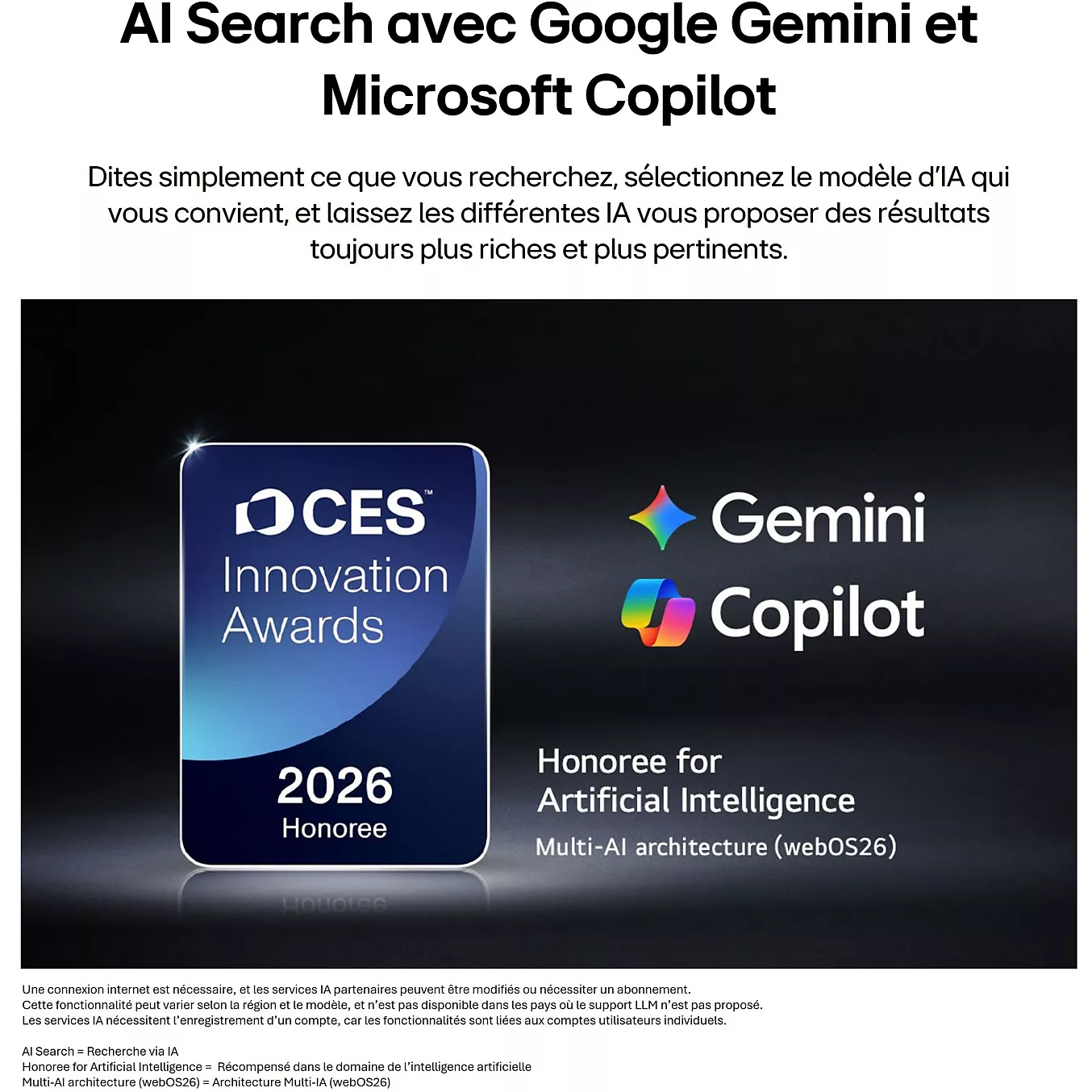 Le badge « CES Innovation Award » est affiché aux côtés des logos Gemini et Copilot, accompagné d'un texte en français mettant en avant les fonctionnalités de recherche basées sur l'IA et faisant subtilement allusion à la technologie de télévision de nouvelle génération attendue en 2026, comme le modèle LG OLED65G66.