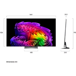 Vue de face et de profil du téléviseur LG OLED65G66 2026, doté d'un écran aux couleurs vives et au motif abstrait, affichant des mesures précises en millimètres ; son design élégant en fait un complément idéal pour tout espace de divertissement en 2026.