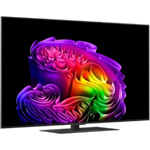 Le téléviseur LG OLED65G66 2026 se distingue par son design épuré et affiche des formes abstraites aux couleurs vives sur un fond noir profond, ce qui en fait une pièce maîtresse impressionnante pour tout intérieur moderne.