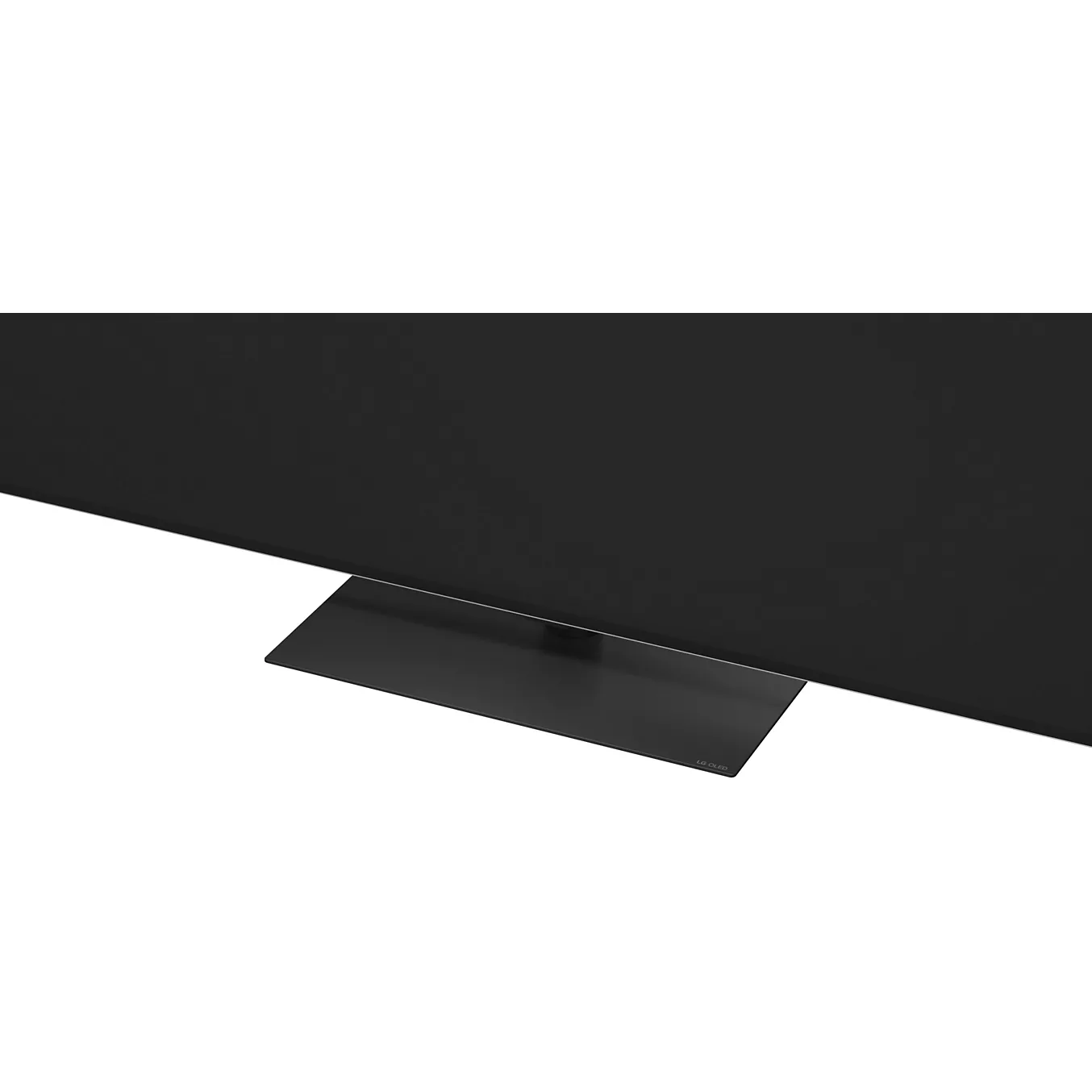 Un gros plan du LG OLED65G66 2026, mettant en valeur son socle noir, fin et rectangulaire, sur fond blanc.