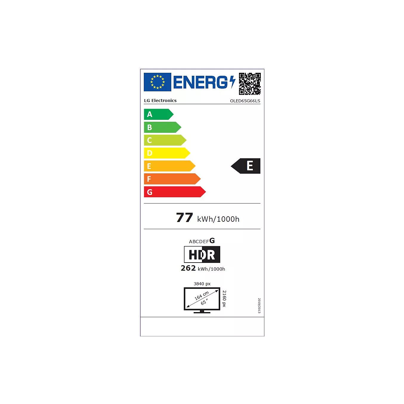 Étiquette énergétique du LG OLED65G66 2026, un téléviseur OLED LG haut de gamme de 65 pouces doté d'une résolution 4K exceptionnelle, classé E. Consommation d'énergie : 77 kWh/1 000 h (mode standard), 262 kWh/1 000 h (mode HDR). Comprend le logo de l'UE.