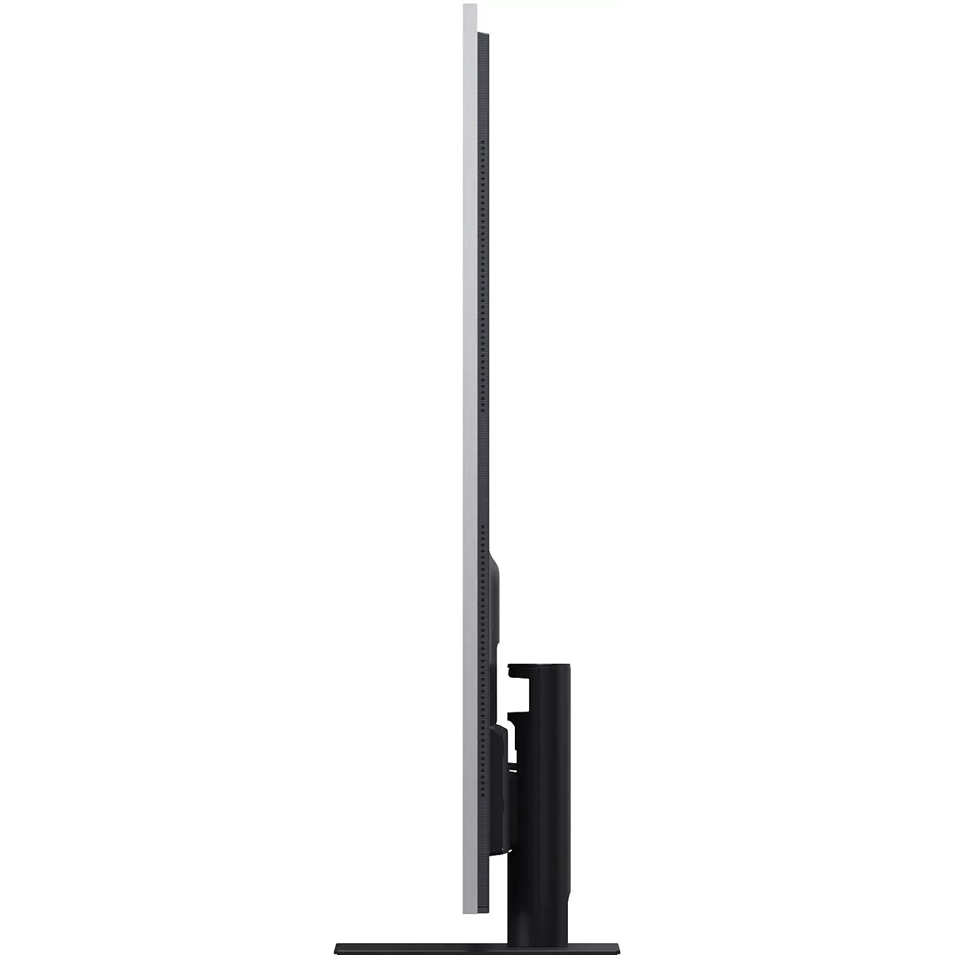 Une vue de profil du LG OLED65G66 2026, un écran d'ordinateur fin et plat posé sur un socle rectangulaire devant un fond blanc, met en valeur son design épuré et sa technologie d'affichage de nouvelle génération.