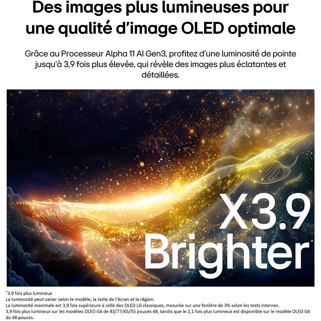 Découvrez des images abstraites époustouflantes, agrémentées d’effets lumineux éclatants et du texte en gras « X3.9 Brighter » affiché sur l’écran OLED, qui met en valeur la luminosité et l’éclat remarquables du LG OLED65G66 2026 — un téléviseur OLED LG d’exception, conçu pour transformer votre expérience visuelle.
