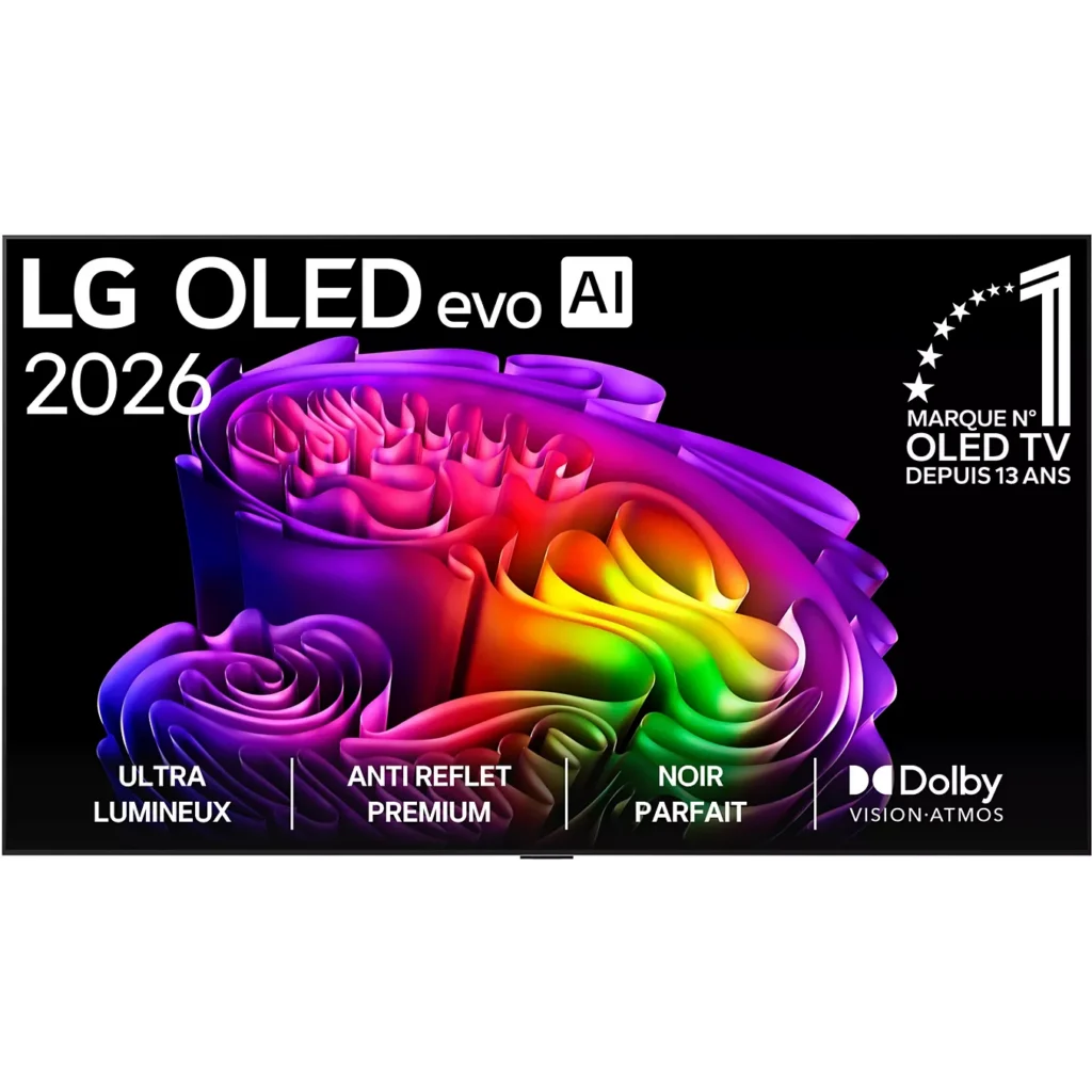 Le téléviseur LG OLED77G5 2026 Gallery Design affiche des images abstraites aux couleurs éclatantes grâce à la technologie Dolby Vision Atmos et propose des icônes de fonctionnalités intuitives sur son écran brillant équipé de la technologie evo AI.