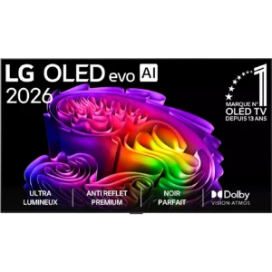 Le téléviseur LG OLED77G5 2026 Gallery Design affiche des images abstraites aux couleurs éclatantes grâce à la technologie Dolby Vision Atmos et propose des icônes de fonctionnalités intuitives sur son écran brillant équipé de la technologie evo AI.