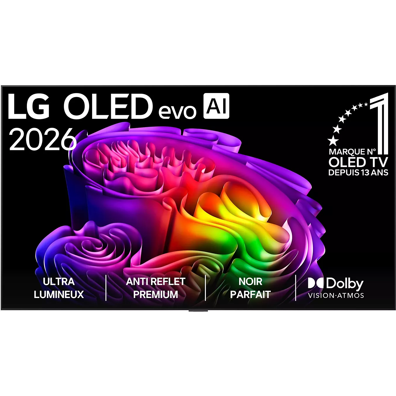 Le téléviseur LG OLED77G5 2026 Gallery Design affiche des images abstraites aux couleurs éclatantes grâce à la technologie Dolby Vision Atmos et propose des icônes de fonctionnalités intuitives sur son écran brillant équipé de la technologie evo AI.