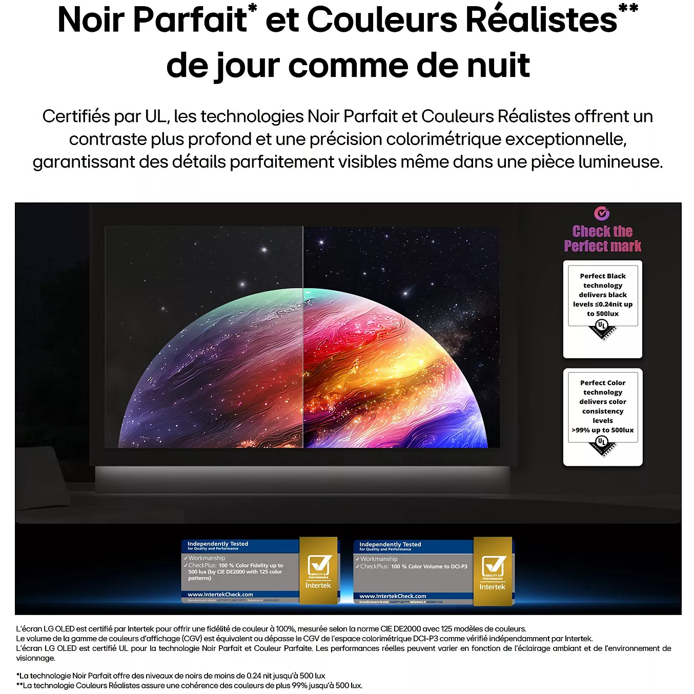 Une planète éclatante et colorée apparaît divisée à l'écran pour comparer les noirs parfaits et les technologies de rendu des couleurs réalistes, mettant ainsi en valeur le design « Gallery 2026 » du LG OLED77G5.