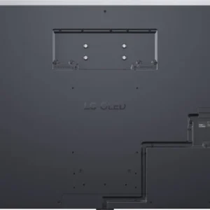La vue arrière du téléviseur LG OLED77G5 2026 GALLERY DESIGN met en valeur son design « Gallery Design », caractérisé par des trous de fixation apparents, des ports et des éléments de façade travaillés, le tout dans une finition sombre et sophistiquée.