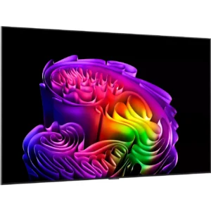 Le LG OLED77G5 2026 GALLERY DESIGN présente un motif 3D abstrait et dynamique, formé de tourbillons, sur un fond noir profond, ce qui en fait la pièce maîtresse idéale pour tout espace d'exposition contemporain en 2026.