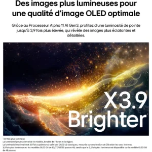 Découvrez des vagues abstraites aux couleurs vives et éclatantes, accompagnées de la mention « X3.9 Brighter », qui met en avant la technologie d'écran OLED de pointe du LG OLED77G5 2026 GALLERY DESIGN, un téléviseur qui établit une nouvelle référence en matière de luminosité et d'innovation pour les téléviseurs de 2026.