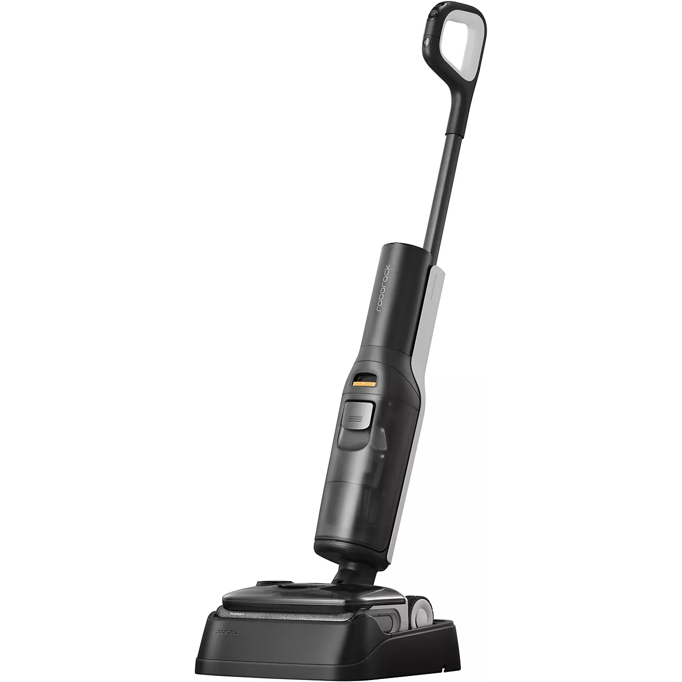 Un aspirateur vertical ROBOROCK à long manche, de couleur noire, posé sur un fond blanc.