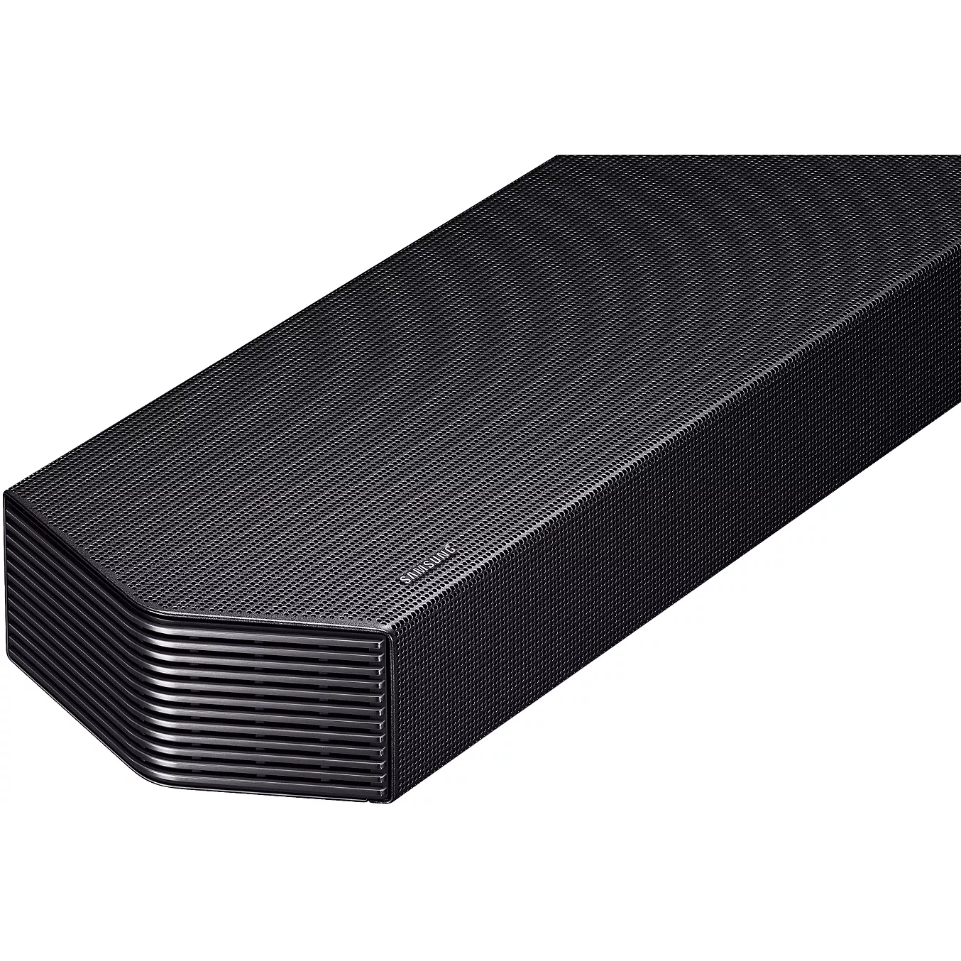 Gros plan sur une barre de son rectangulaire noire SAMSUNG HW-Q930H dotée d’une grille texturée et de bords arrondis, mettant en valeur son design haut de gamme et sa compatibilité avec le Dolby Atmos.