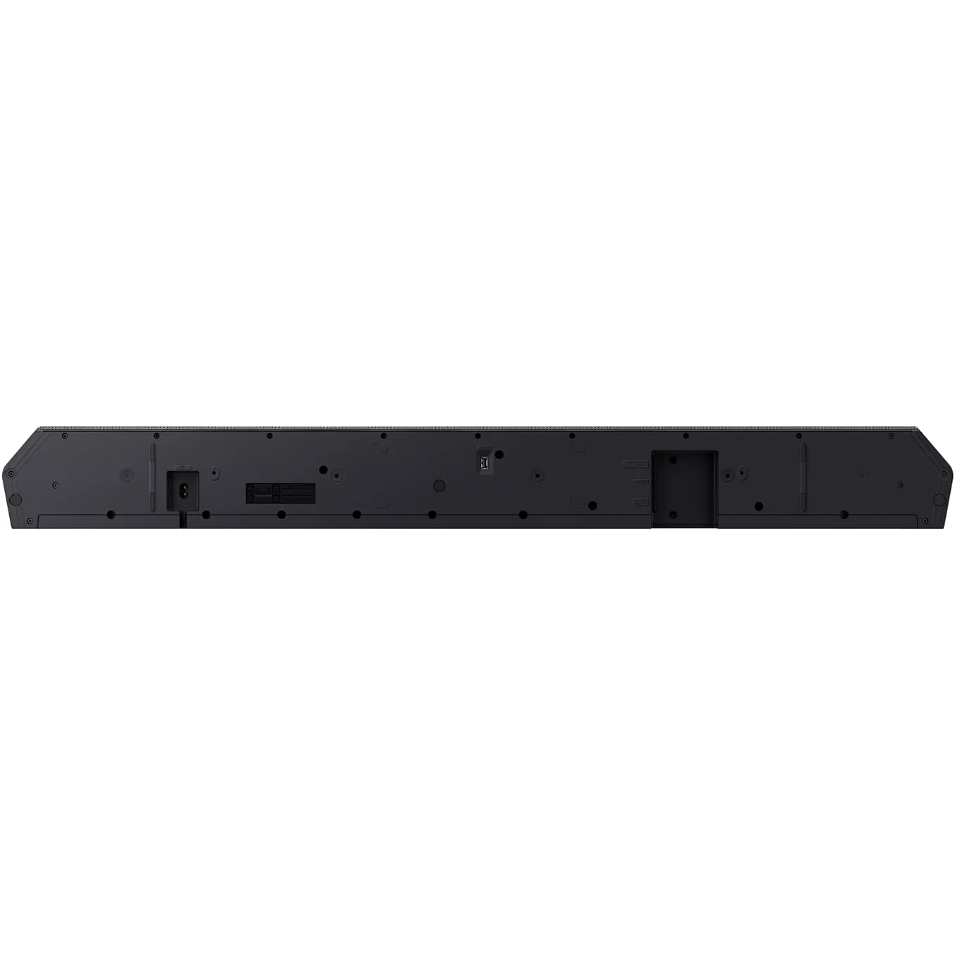 Vue arrière du SAMSUNG HW-Q930H, un appareil électronique noir, montrant ses ports et ses trous de fixation.