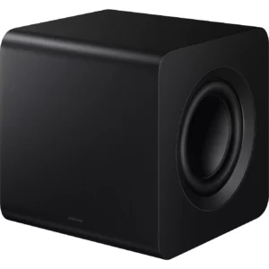 Un caisson de basses rectangulaire noir doté d'une ouverture ronde sur le côté droit, conçu pour s'harmoniser parfaitement avec votre barre de son SAMSUNG HW-Q930H ou pour compléter votre système home cinéma.