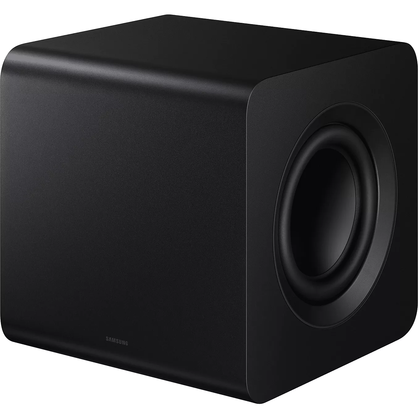 Un caisson de basses rectangulaire noir doté d'une ouverture ronde sur le côté droit, conçu pour s'harmoniser parfaitement avec votre barre de son SAMSUNG HW-Q930H ou pour compléter votre système home cinéma.
