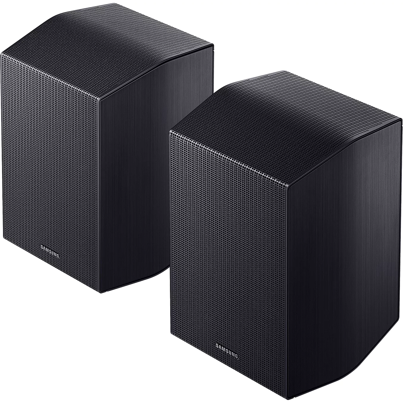 Deux enceintes sans fil Samsung rectangulaires, d'un noir élégant, dotées d'une façade en maille et d'un dessus incliné, disposées côte à côte sur un fond blanc, constituent un complément idéal pour tout système home cinéma — en particulier lorsqu'elles sont associées à la SAMSUNG HW-Q930H pour une expérience audio véritablement immersive.