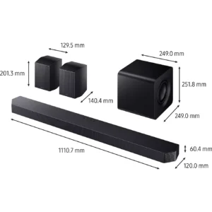 Ensemble de barre de son SAMSUNG HW-Q930H noire, comprenant un caisson de basses et deux enceintes, présenté sur un fond blanc avec les dimensions en millimètres.