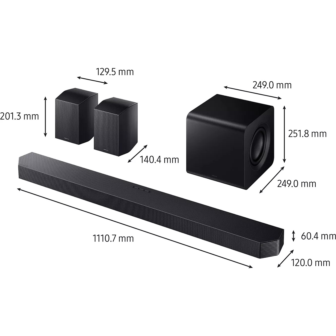 Ensemble de barre de son SAMSUNG HW-Q930H noire, comprenant un caisson de basses et deux enceintes, présenté sur un fond blanc avec les dimensions en millimètres.