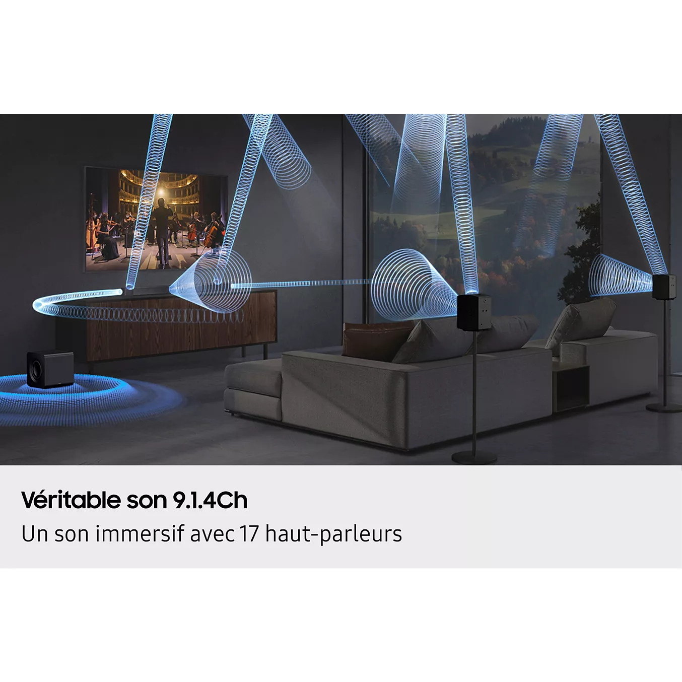 Un salon équipé d'un canapé, d'un téléviseur et d'enceintes, avec des ondes sonores bleues illustrant la technologie de son surround immersif offerte par le SAMSUNG HW-Q930H.