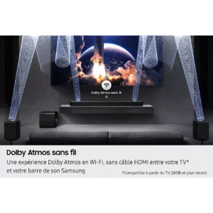 Un salon équipé d'un téléviseur et de la barre de son SAMSUNG HW-Q930H avec caisson de basses, mettant en valeur les effets Dolby Atmos sous forme d'ondes sonores bleues.