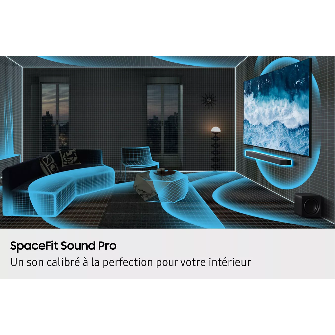 Découvrez un salon moderne où des ondes sonores d'un bleu éclatant émanent de votre téléviseur, de votre barre de son Samsung et de votre caisson de basses, mettant en valeur la technologie immersive Dolby Atmos de la SAMSUNG HW-Q930H.