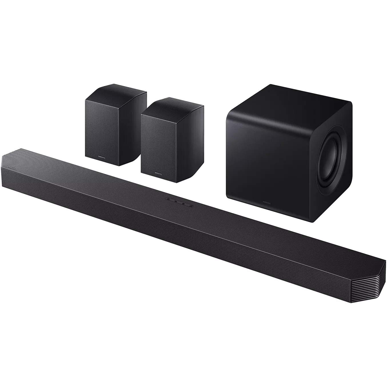 La barre de son SAMSUNG HW-Q930H, de couleur noire, est présentée avec deux enceintes cubiques compactes et un caisson de basses sur un fond blanc.