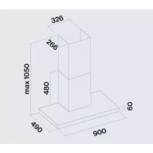 Dessin au trait de la hotte aspirante FALMEC PLANEBLP1420, avec indication des dimensions en millimètres pour la hauteur, la largeur et la profondeur.