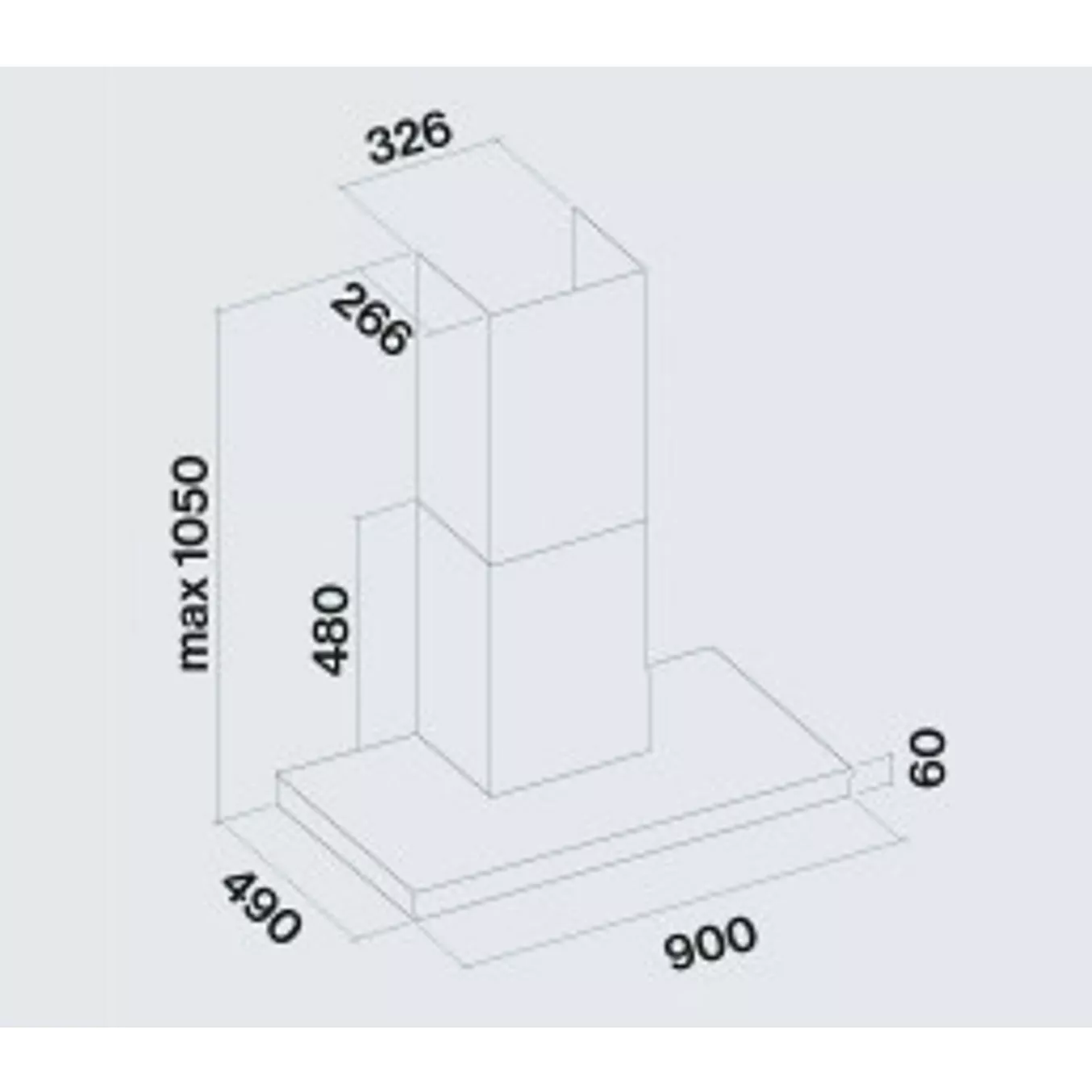 Dessin au trait de la hotte aspirante FALMEC PLANEBLP1420, avec indication des dimensions en millimètres pour la hauteur, la largeur et la profondeur.