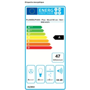 Voici une version remaniée de votre phrase, en utilisant les données fournies sur le produit : L'appareil de cuisine FALMEC PLANEBLP1420 affiche une classe énergétique A, consomme 47 kWh/an, fonctionne à 66 dB et dispose d'une échelle d'efficacité colorée.