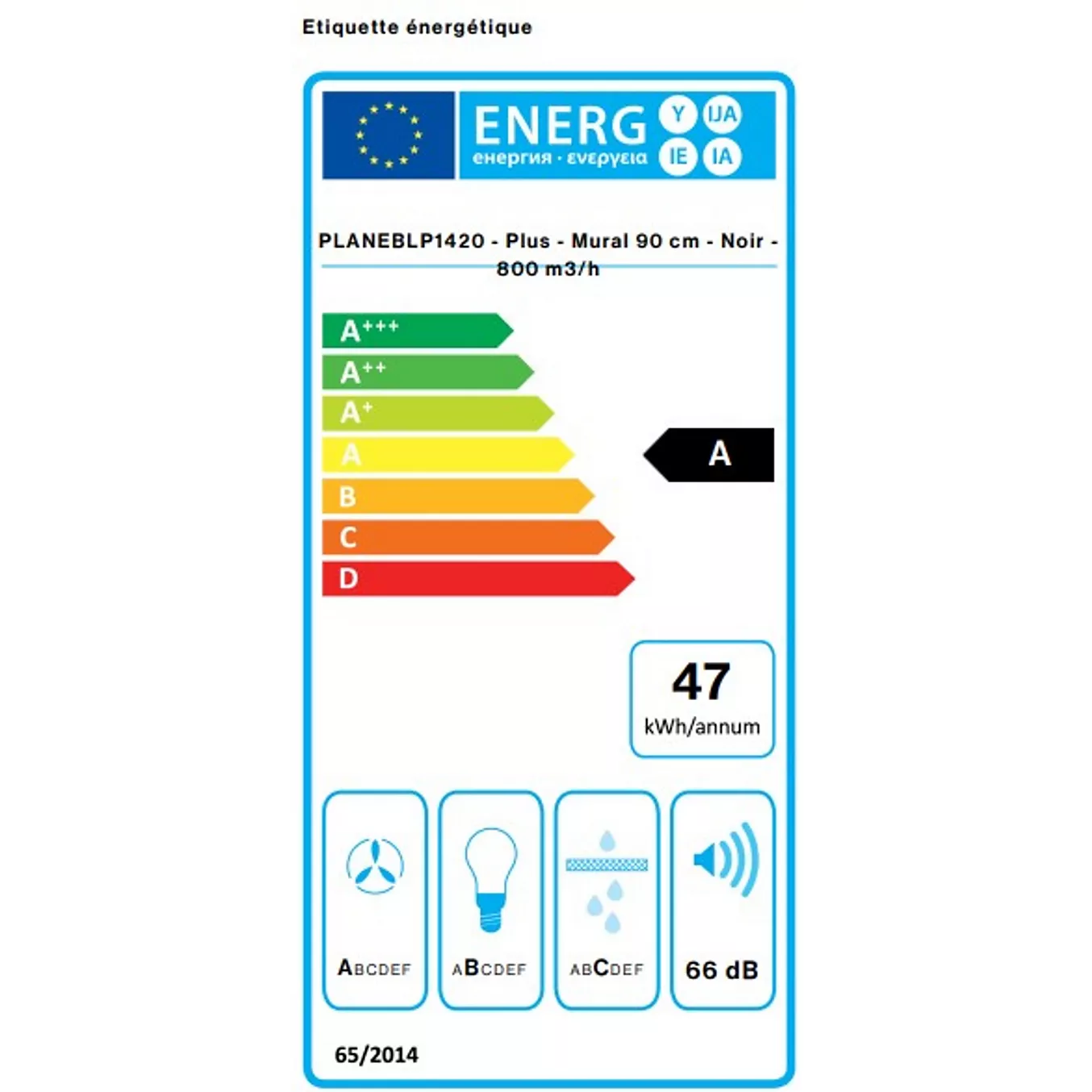 Voici une version remaniée de votre phrase, en utilisant les données fournies sur le produit : L'appareil de cuisine FALMEC PLANEBLP1420 affiche une classe énergétique A, consomme 47 kWh/an, fonctionne à 66 dB et dispose d'une échelle d'efficacité colorée.