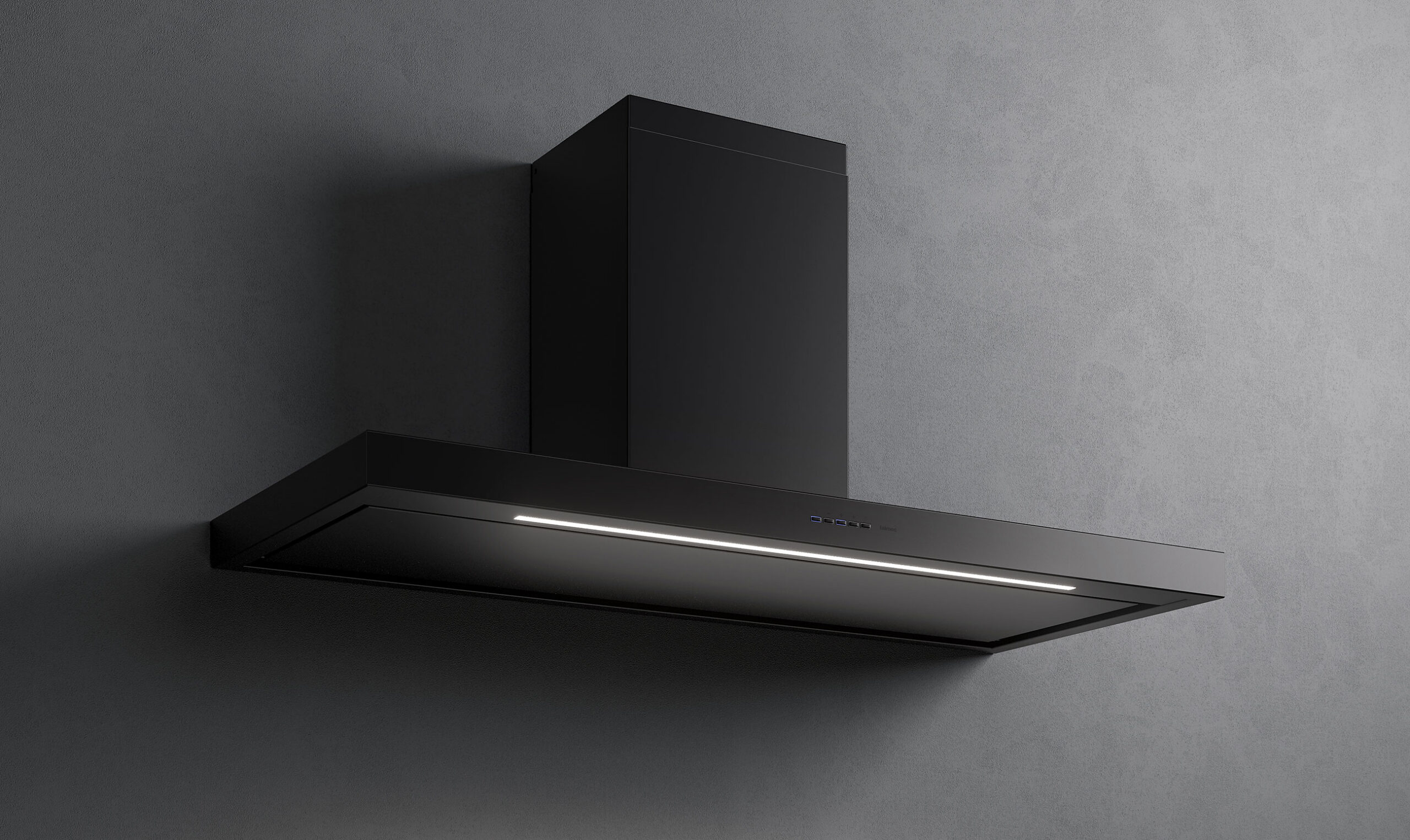 La hotte FALMEC PLANEBLP1420, un modèle noir aux lignes épurées, est installée sur un mur gris sobre.