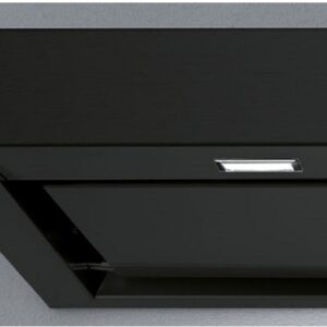 Gros plan sur le modèle FALMEC PLANEBLP1420, une hotte de cuisine moderne de couleur noire équipée d'un éclairage LED rectangulaire intégré.