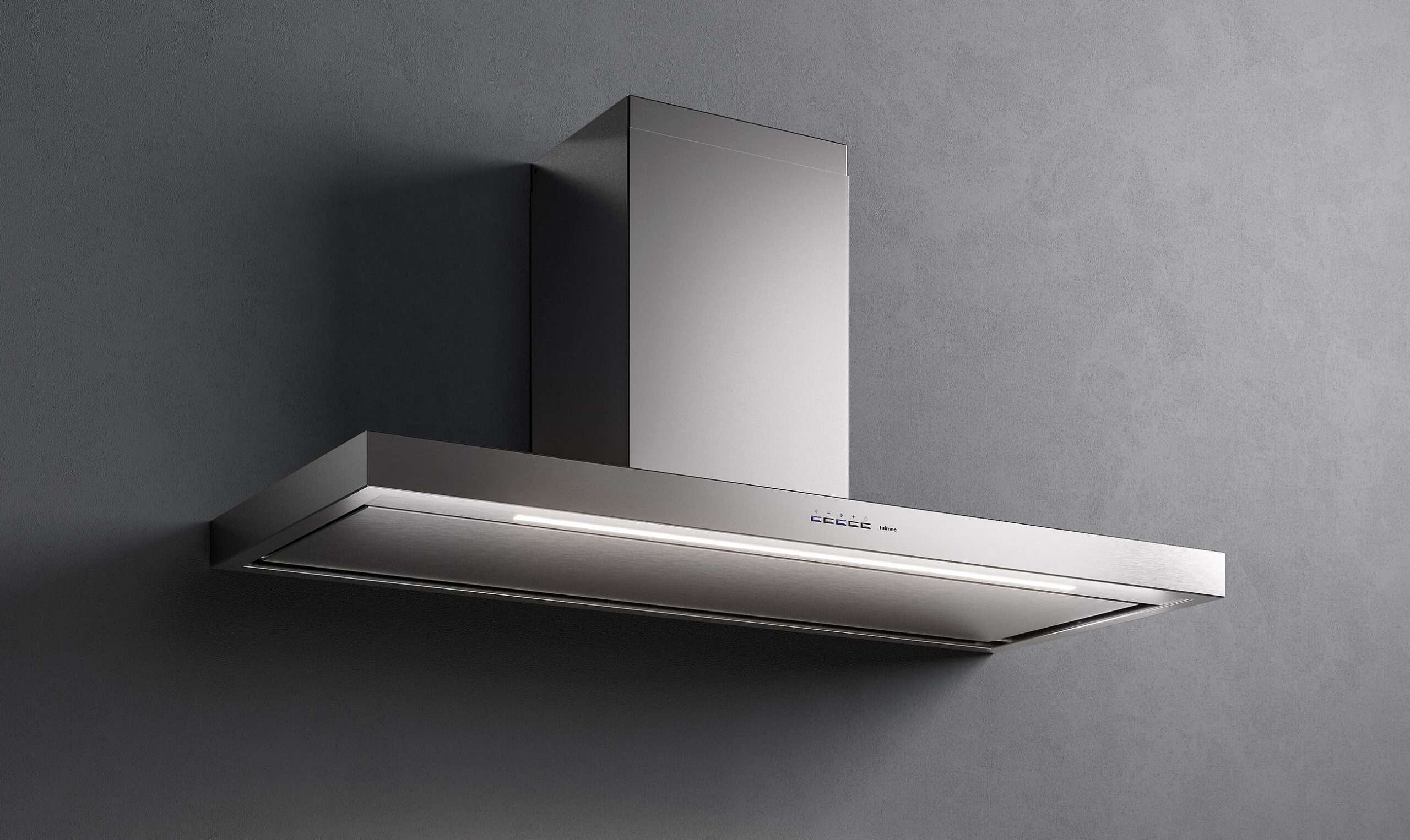 Une hotte de cuisine FALMEC PLANEP1430 en acier inoxydable est fixée à un mur gris.