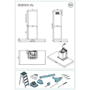 Schéma technique de la hotte de cuisine FALMEC PLANEP1430, présentant les dimensions détaillées, les outils d'installation recommandés et une illustration claire du processus de montage.