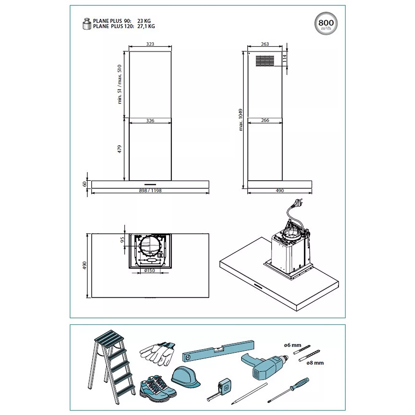 Schéma technique de la hotte de cuisine FALMEC PLANEP1430, présentant les dimensions détaillées, les outils d'installation recommandés et une illustration claire du processus de montage.