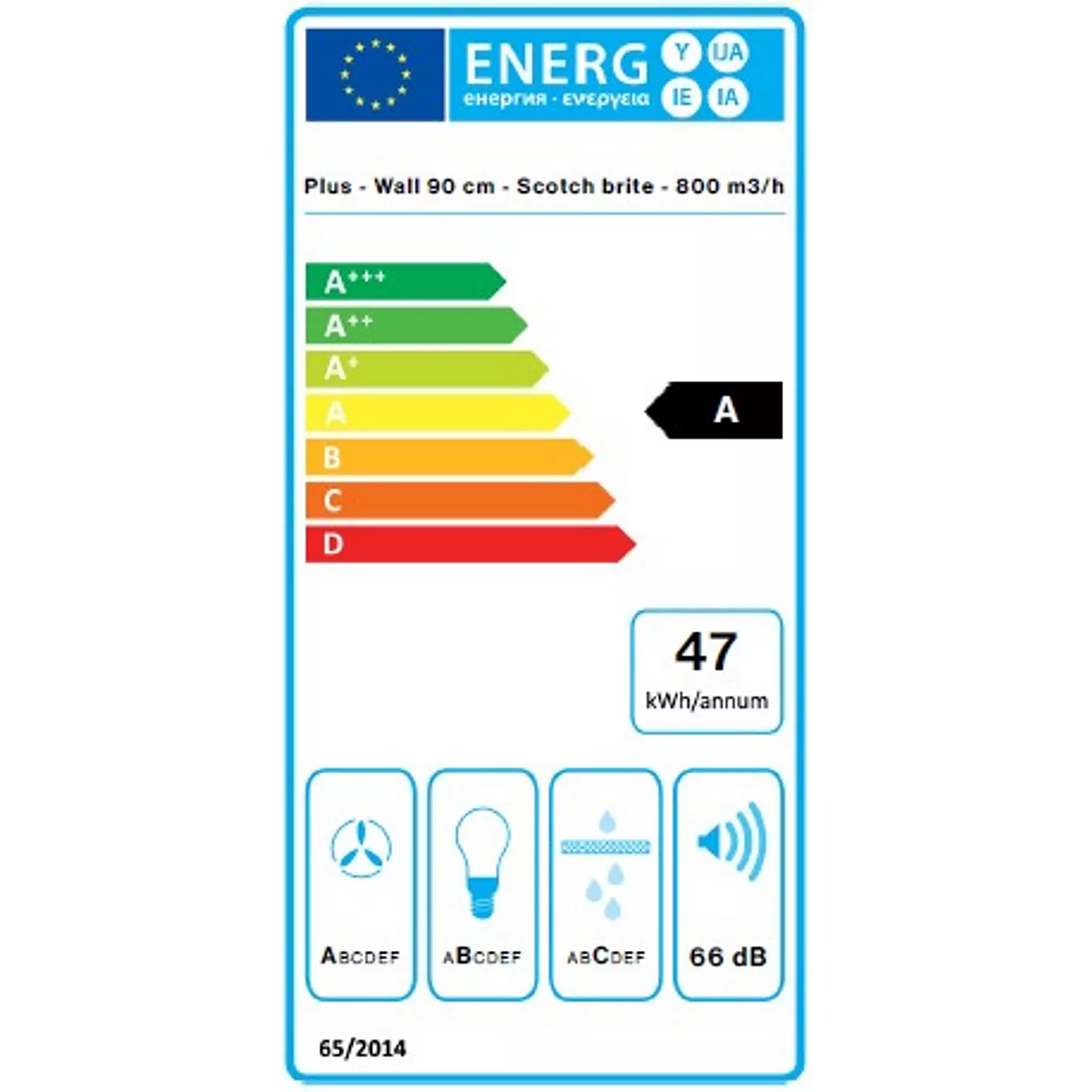 L'appareil de cuisine FALMEC PLANEP1430 est doté d'un label de performance énergétique indiquant la classe A et une consommation d'énergie annuelle de 47 kWh.