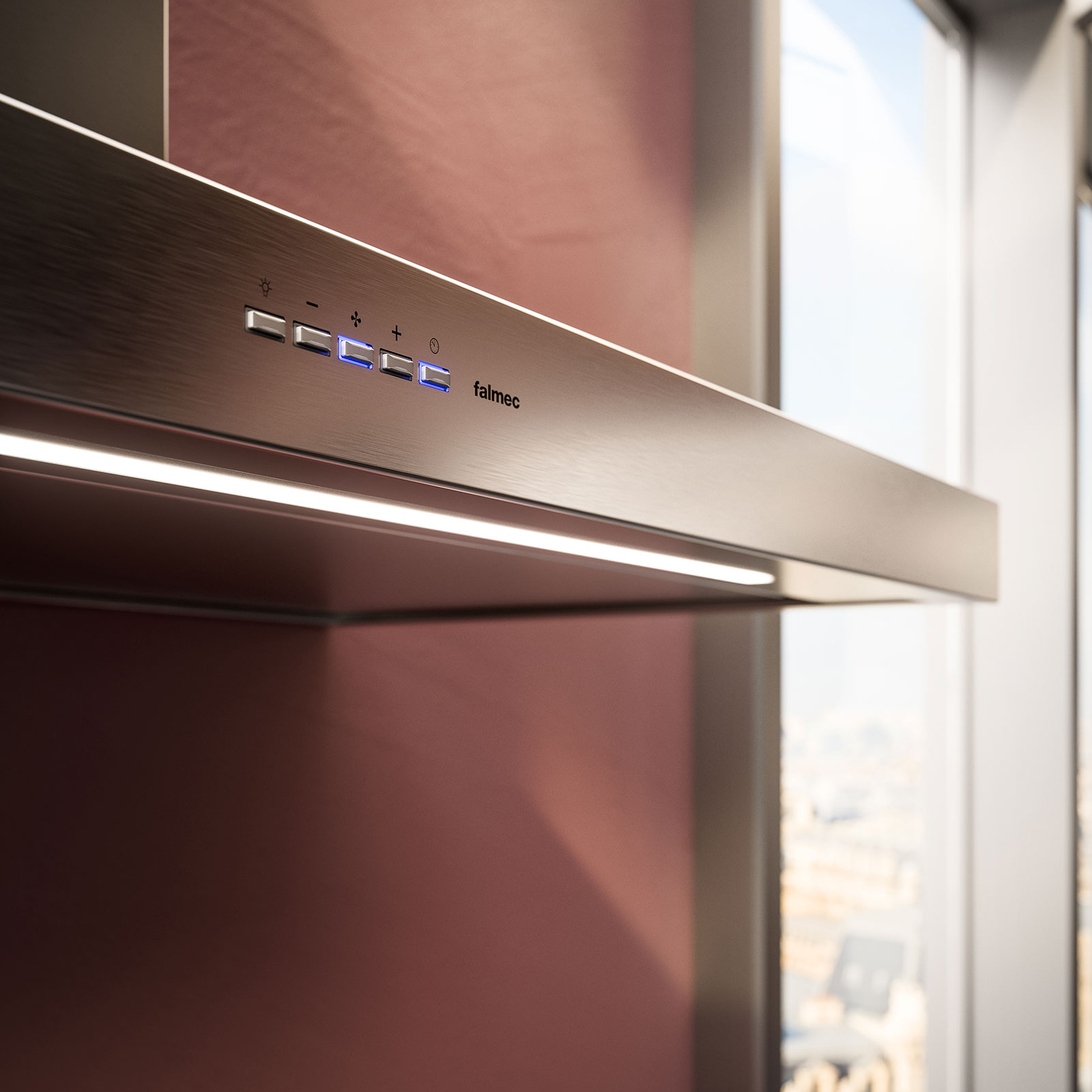 La FALMEC PLANEP1430 est une hotte de cuisine élégante en acier inoxydable, dotée de boutons de commande et de voyants lumineux, conçue pour être installée près de grandes fenêtres.