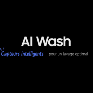 AI Wash : des capteurs intelligents pour un lavage optimal grâce à la technologie de pointe du lave-linge à chargement frontal SAMSUNG WW11DG5B25AE. Texte blanc et bleu sur fond noir, inspiré par l’innovation du lave-linge Samsung WW11DG5B25AE.