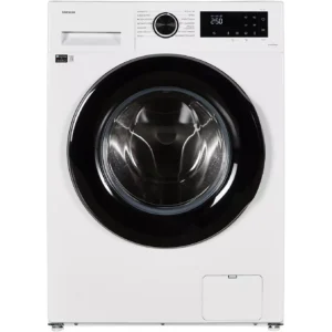 Vue de face du modèle SAMSUNG WW11DG5B25AE, une machine à laver blanche dotée d'une porte noire et d'un panneau de commande numérique.