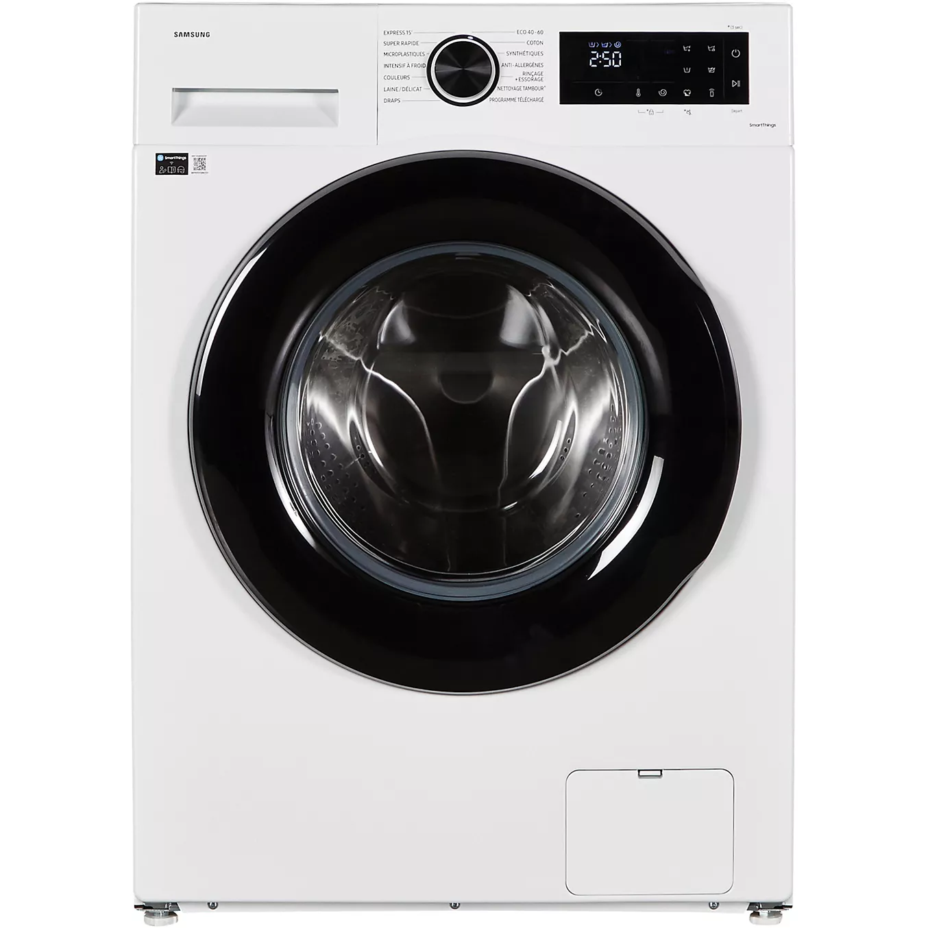 Vue de face du modèle SAMSUNG WW11DG5B25AE, une machine à laver blanche dotée d'une porte noire et d'un panneau de commande numérique.