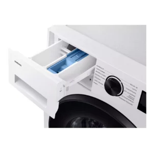 Gros plan sur la machine à laver SAMSUNG WW11DG5B25AE, dont le tiroir à lessive est ouvert, montrant les compartiments et le cadran de commande.